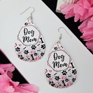 Dog Mom Paw Print Faux Leather Dangle Earrings | Pet Lover Statement Jewelry